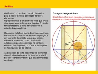 O diâmetro do círculo é o padrão de medida
para o pôster e para a colocação de todos
elementos.
O próprio círculo é um elemento focal que leva a
vista inexoravelmente em sua direção. O círculo
também ressalta o título da exposição e a
relação dos expositores.
O pequeno bullet em forma de círculo, próximo à
linha do texto contendo as datas da exposição é
um elemento de atração visual, por ecoar e
contrastar em escala com o círculo maior.
A lista dos expositores começa no ponto de
encontro das diagonais do pôster e da diagonal
do retângulo do pé da página.
As distâncias do texto aos principais elementos
são módulos da distância da linha horizontal à
base do "konstruktivisten", que está centralizado
no círculo.
Análise
Triângulo composicional
O texto básico forma um triângulo que serve para
âncorá-lo ao formato e aumentar o interesse visual.
 
