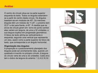 O centro do círculo situa-se na parte superior
esquerda do texto. Todos os ângulos estendem-
se a partir do centro deste círculo. Os ângulos
baseiam-se em módulos de 45º. Os menores
ângulos têm um módulo de 11,25°, o próximo tem
22,5° e daí para frente, à 45°. À medida que os
arcos de círculo giram em torno do ponto central
eles variam em largura, de uma a 32 unidades, e
sua largura duplica em progressão geométrica.
O bloco de texto alinha-se verticalmente à
esquerda, segundo uma vertical que representa
um eixo, assim como a parte superior do bloco de
texto, que corresponde a um ângulo horizontal.
Organização dos ângulos:
A proporção e o posicionamento planejado dos
ângulos pode ser prontamente vista, quando um
quadrado é inscrito no primeiro círculo. A largura
do círculo varia de uma a 32 unidades. Cada arco
tem o dobro da largura do anterior: 1,2,4,8,16,32.
Análise
 