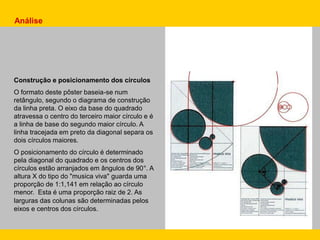 Análise
Construção e posicionamento dos círculos
O formato deste pôster baseia-se num
retângulo, segundo o diagrama de construção
da linha preta. O eixo da base do quadrado
atravessa o centro do terceiro maior círculo e é
a linha de base do segundo maior círculo. A
linha tracejada em preto da diagonal separa os
dois círculos maiores.
O posicionamento do círculo é determinado
pela diagonal do quadrado e os centros dos
círculos estão arranjados em ângulos de 90°. A
altura X do tipo do "musica viva" guarda uma
proporção de 1:1,141 em relação ao círculo
menor. Esta é uma proporção raiz de 2. As
larguras das colunas são determinadas pelos
eixos e centros dos círculos.
 