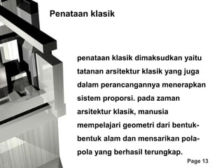 Penataan klasik

penataan klasik dimaksudkan yaitu
tatanan arsitektur klasik yang juga
dalam perancangannya menerapkan
sistem proporsi. pada zaman
arsitektur klasik, manusia
mempelajari geometri dari bentukbentuk alam dan mensarikan polapola yang berhasil terungkap.
Page 13

 