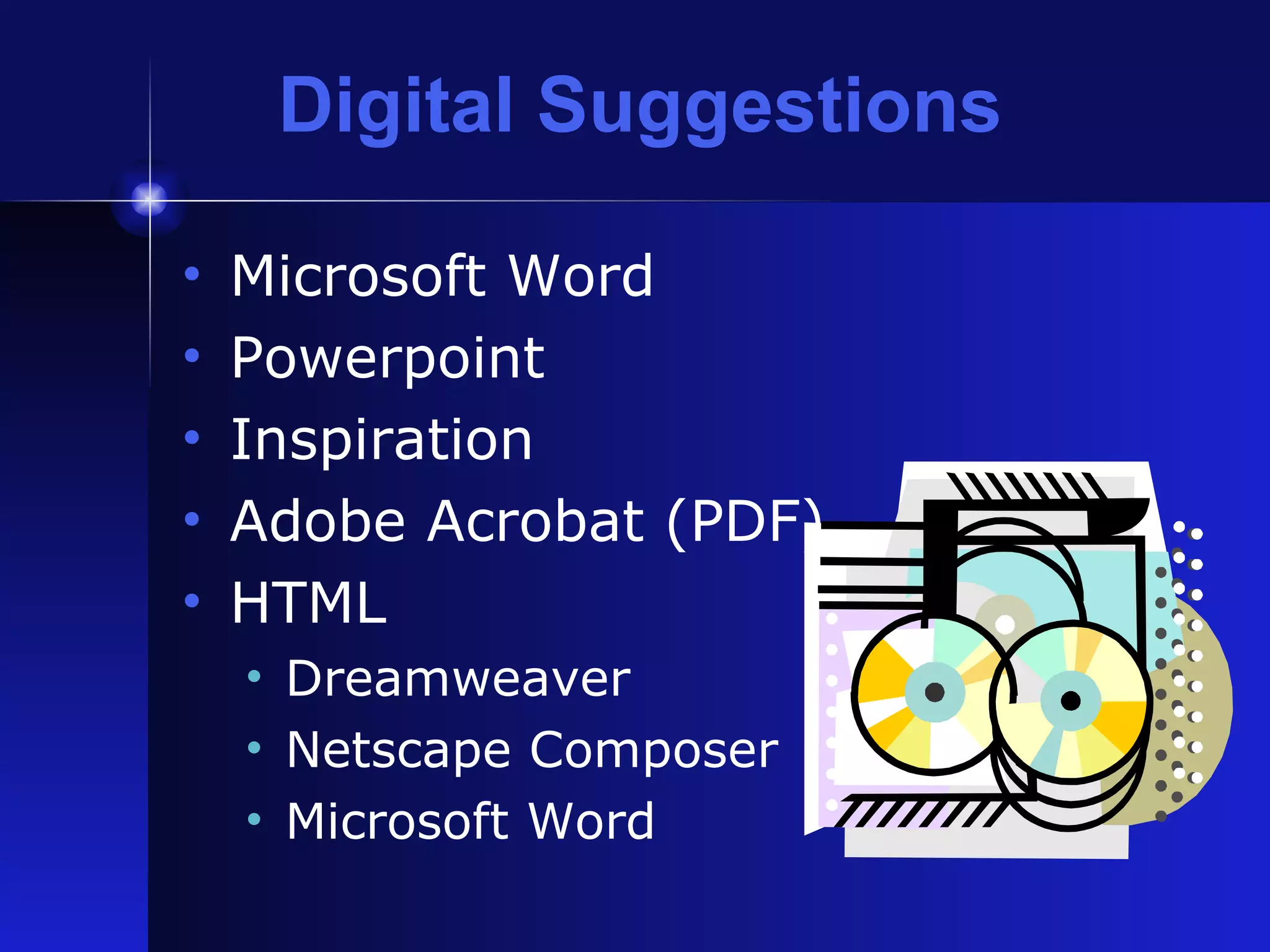 Digital Suggestions Microsoft Word Powerpoint Inspiration Adobe Acrobat (PDF) HTML Dreamweaver Netscape Composer Microsoft Word 