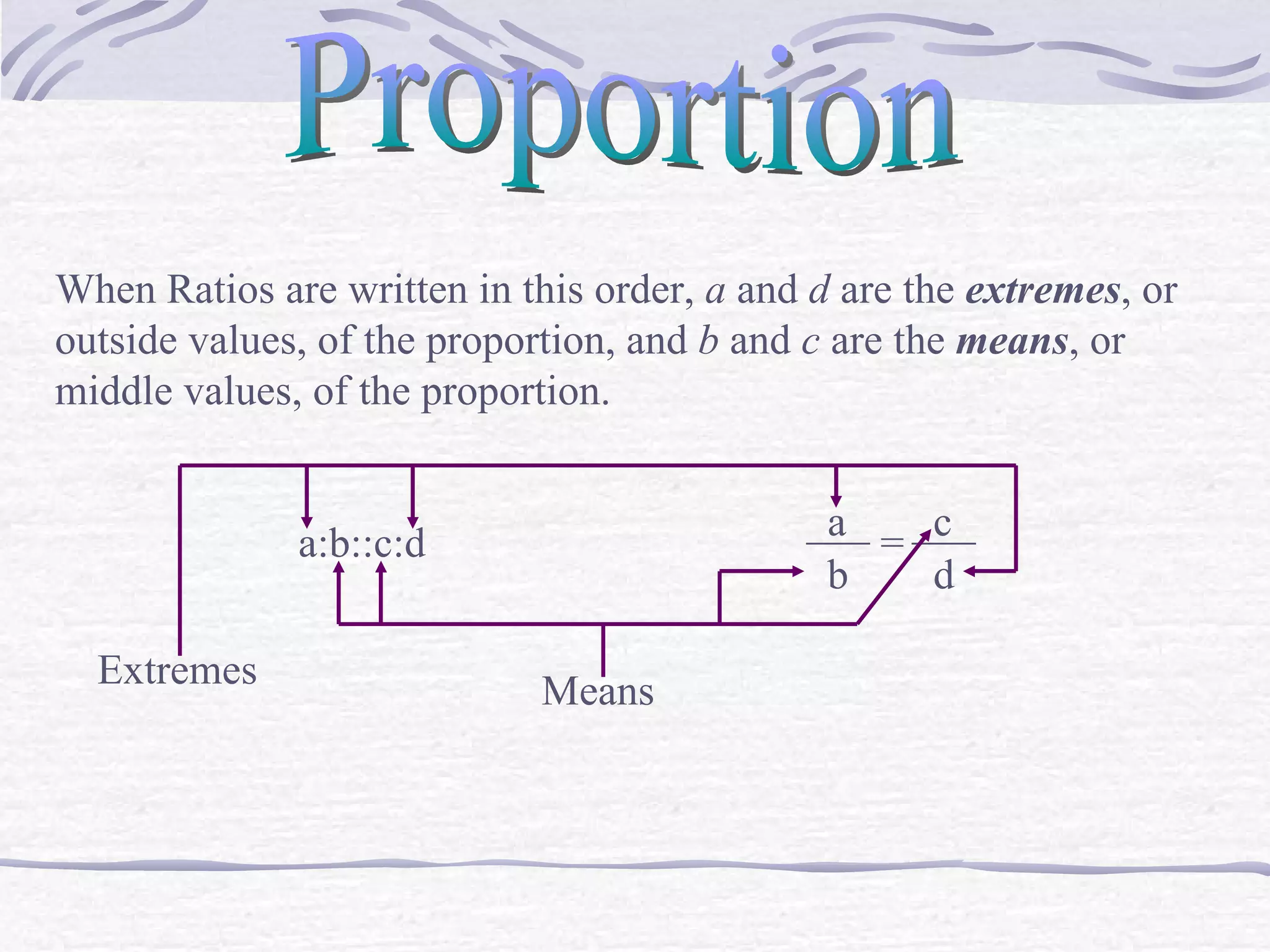 Proportion a:b::c:d a ___  ___ = b c d When Ratios are written in this order,  a  and  d  are the  extremes , or outside values, of the proportion, and  b  and  c  are the  means , or middle values, of the proportion. Extremes Means 
