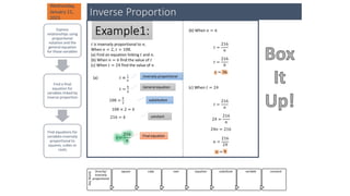 Key
Words
Directly/
inversely
proportional
square cube root equation substitute variable constant
Inverse Proportion
Express
relationships using
proportional
notation and the
general equation
for those variables
Find a final
equation for
variables linked by
inverse proportion
Find equations for
variables inversely
proportional to
squares, cubes or
roots
𝑡 is inversely proportional to 𝑛.
When 𝑛 = 2, 𝑡 = 108.
(a) Find an equation linking 𝑡 and 𝑛.
(b) When 𝑛 = 6 find the value of 𝑡
(c) When 𝑡 = 24 find the value of 𝑛
Example1:
Wednesday,
January 11,
2023
(a) 𝑡 ∝
1
𝑛
𝑡 =
𝑘
𝑛
108 =
𝑘
2
108 × 2 = 𝑘
216 = 𝑘
𝑡 =
216
𝑛
Inversely proportional
General equation
substitution
constant
Final equation
(b) When 𝑛 = 6
𝑡 =
216
𝑛
𝑡 =
216
6
𝑡 = 36
(c) When 𝑡 = 24
𝑡 =
216
𝑛
24 =
216
𝑛
24𝑛 = 216
𝑛 =
216
24
𝑛 = 9
 