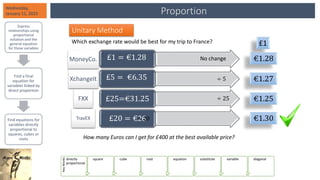 Proportion
Wednesday,
January 11, 2023
Express
relationships using
proportional
notation and the
general equation
for those variables
Find a final
equation for
variables linked by
direct proportion
Find equations for
variables directly
proportional to
squares, cubes or
roots
Key
Words
directly
proportional
square cube root equation substitute variable diagonal
Unitary Method
Which exchange rate would be best for my trip to France?
£1 = €1.28
£5 = €6.35
£25=€31.25
£20 = €26
How many Euros can I get for £400 at the best available price?
MoneyCo.
XchangeIt
FXX
TravEX
No change
£1
€1.28
€1.27
€1.25
€1.30
÷ 5
÷ 25
÷ 20
 