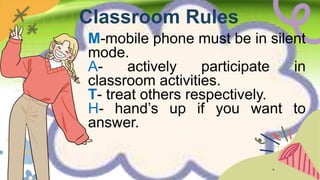 Classroom Rules
M-mobile phone must be in silent
mode.
A- actively participate in
classroom activities.
T- treat others respectively.
H- hand’s up if you want to
answer.
 