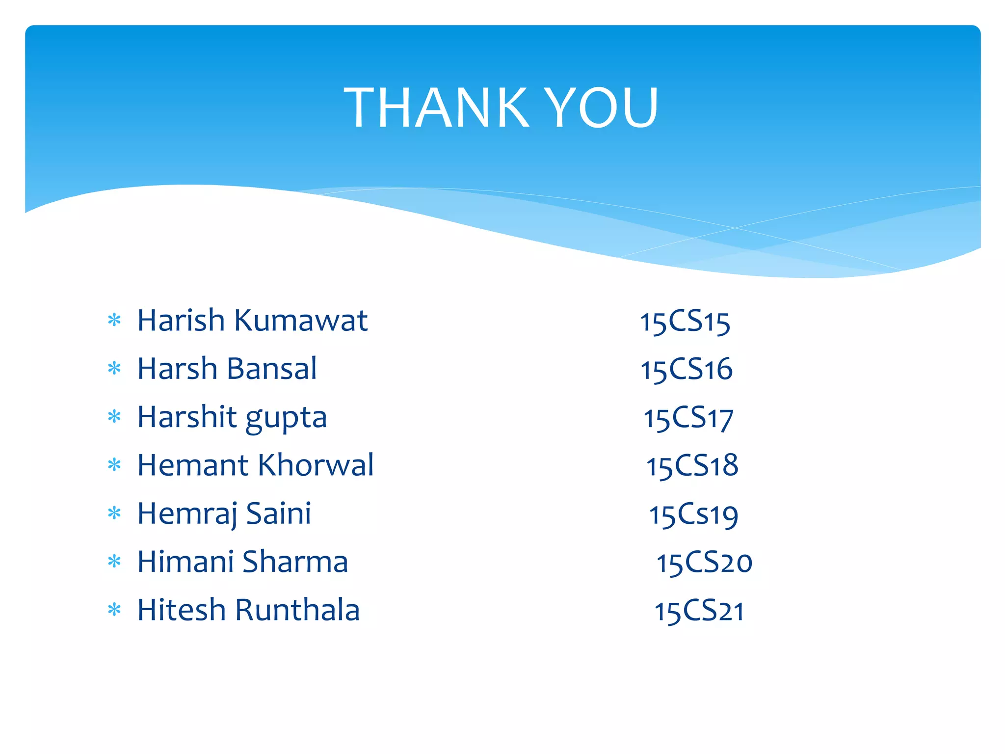  Harish Kumawat 15CS15
 Harsh Bansal 15CS16
 Harshit gupta 15CS17
 Hemant Khorwal 15CS18
 Hemraj Saini 15Cs19
 Himani Sharma 15CS20
 Hitesh Runthala 15CS21
THANK YOU
 