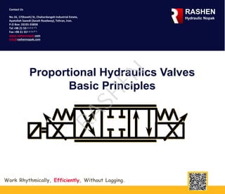 RASHEN
Hydraulic Nopak
Work Rhythmically, Efficiently, Without Lagging.
Contact Us
No.16, 17(Kaveh) St, Chahardangeh Industrial Estate,
Ayatollah Saeedi (Saveh Roadway), Tehran, Iran.
P.O Box: 33191-55858
Tel +98 21 55448416
Fax +98 21 55448421
www.rashennopak.com
info@rashennopak.com
Proportional Hydraulics Valves
Basic PrinciplesRA
SH
EN
 