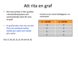 Att rita en graf
• Om man prickar in fler punkter
i ett koordinatsystem och
sammanbinder dem får man
en graf
• En graf brukar man rita när det
finns ett samband mellan
värdet på x-axeln och värdet
på y-axeln.
Ex) (-2, 0), (0, 2), (2, 4) och (4, 6).
Punkterna kan också åskådiggöras i en
värdetabell:
 