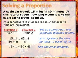 A cable car travels 15 miles in 80 minutes. At
this rate of speed, how long would it take the
cable car to travel 45 miles?
15 ▪ s = 80 ▪ 45
Set up a proportion that
compares distance to time.
Let s represent the time
the takes to travel 45 mi.
distance 1
time 1
=
distance 2
time 2
At a constant rate of speed ratios of distance to
time are equivalent.
Find the cross products.
15 mi
80 min
= 45 mi
s
 