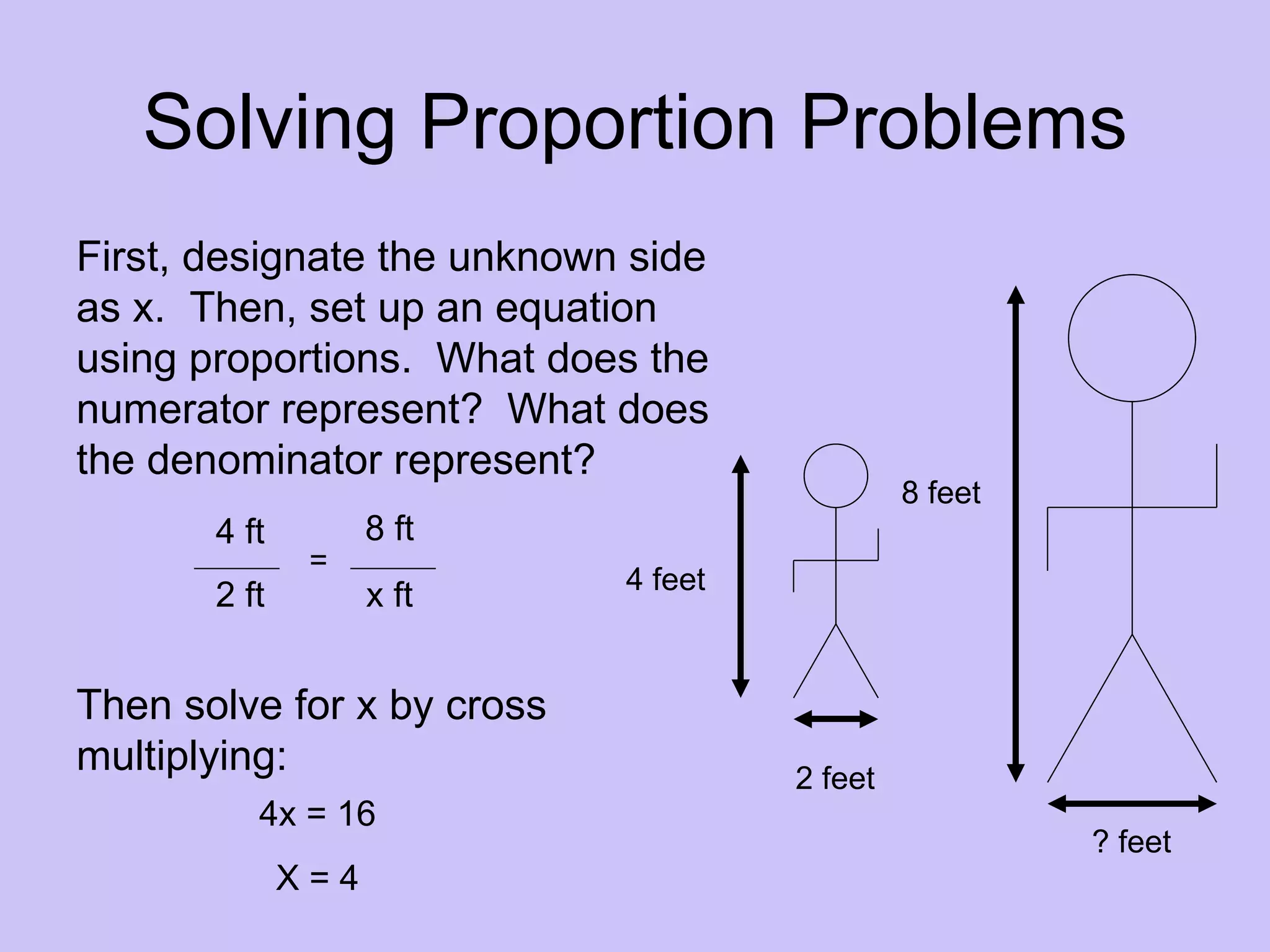 Solving Proportion Problems
First, designate the unknown side
as x. Then, set up an equation
using proportions. What does the
numerator represent? What does
the denominator represent?
                                              8 feet
       4 ft         8 ft
               =
                            4 feet
       2 ft         x ft


Then solve for x by cross
multiplying:                         2 feet
          4x = 16
                                                       ? feet
              X=4
 