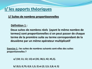 I/ les apports théoriques
1/ Suites de nombres proportioonnelles
Définition 1 :
Deux suites de nombres réels (ayant le même nombre de
termes) sont proportionnelles si on peut passer de chaque
terme de la première suite au terme correspondant de la
deuxième par un même opérateur multiplicatif
Exercice 1 : les suites de nombres suivants sont-elles des suites
proportionnelles ?
a/ (10; 11; 12; 13) et (35; 38,5; 42; 45,5).
b/ (0,5; 0,75; 0,9; 1,5; 2) et (2; 2,5; 2,8; 4; 5)
 