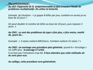 Plus précisemment :
Au CE2 :l’approche de la proportionnalité se fait à travers l’étude de
problèmes multiplicatifs. On utilise la linéarité.
Exemple de situation : « je gagne 8 billes par jour, combien en aurais-je au
bout de 22 jours ?
On peut doubler le nombre de billes au bout de 10 jours, puis rajouter 2
jours. »
Au CM1 : ce sont des problèmes du type n fois plus, n fois moins, moitié
de, quart de…
Exemple : « 3 stylos coûtent 600 francs. Combien coûtent 15 stylos ? »
Au CM2 : on envisage une procédure plus générale, quand le « bricolage »
ne suffit plus : le passage à l’unité.
Il ne faut pas l’introduire trop tôt. Il faut attendre que cette méthode ait
du sens pour eux.
Au collège, cette procédure sera généralisée.
 