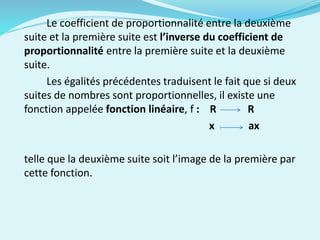 Le coefficient de proportionnalité entre la deuxième
suite et la première suite est l’inverse du coefficient de
proportionnalité entre la première suite et la deuxième
suite.
Les égalités précédentes traduisent le fait que si deux
suites de nombres sont proportionnelles, il existe une
fonction appelée fonction linéaire, f : R R
x ax
telle que la deuxième suite soit l’image de la première par
cette fonction.
 