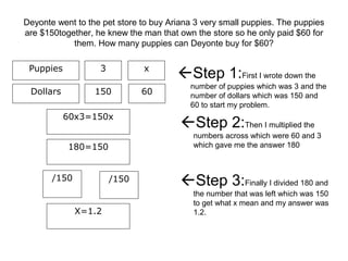 Deyonte went to the pet store to buy Ariana 3 very small puppies. The puppies
are $150together, he knew the man that own the store so he only paid $60 for
them. How many puppies can Deyonte buy for $60?
Step 1:First I wrote down the
number of puppies which was 3 and the
number of dollars which was 150 and
60 to start my problem.
x
60x3=150x
180=150
X=1.2
/150/150
Puppies
Dollars
3
150 60
Step 2:Then I multiplied the
numbers across which were 60 and 3
which gave me the answer 180
Step 3:Finally I divided 180 and
the number that was left which was 150
to get what x mean and my answer was
1.2.
 