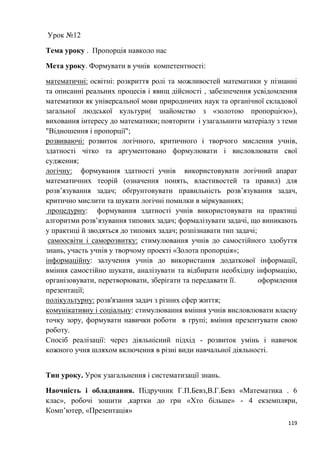 119
Урок №12
Тема уроку . Пропорція навколо нас
Мета уроку. Формувати в учнів компетентності:
математичні: освітні: розкриття ролі та можливостей математики у пізнанні
та описанні реальних процесів і явищ дійсності , забезпечення усвідомлення
математики як універсальної мови природничих наук та органічної складової
загальної людської культури( знайомство з «золотою пропорцією»),
виховання інтересу до математики; повторити і узагальнити матеріалу з теми
"Відношення і пропорції";
розвиваючі: розвиток логічного, критичного і творчого мислення учнів,
здатності чітко та аргументовано формулювати і висловлювати свої
судження;
логічну: формування здатності учнів використовувати логічний апарат
математичних теорій (означення понять, властивостей та правил) для
розв’язування задач; обґрунтовувати правильність розв’язування задач,
критично мислити та шукати логічні помилки в міркуваннях;
процедурну: формування здатності учнів використовувати на практиці
алгоритми розв’язування типових задач; формалізувати задачі, що виникають
у практиці й зводяться до типових задач; розпізнавати тип задачі;
самоосвіти і саморозвитку: стимулювання учнів до самостійного здобуття
знань, участь учнів у творчому проекті «Золота пропорція»;
інформаційну: залучення учнів до використання додаткової інформації,
вміння самостійно шукати, аналізувати та відбирати необхідну інформацію,
організовувати, перетворювати, зберігати та передавати її. оформлення
презентації;
полікультурну: розв'язання задач з різних сфер життя;
комунікативну і соціальну: стимулювання вміння учнів висловлювати власну
точку зору, формувати навички роботи в групі; вміння презентувати свою
роботу.
Спосіб реалізації: через діяльнісний підхід - розвиток умінь і навичок
кожного учня шляхом включення в різні види навчальної діяльності.
Тип уроку. Урок узагальнення і систематизації знань.
Наочність і обладнання. Підручник Г.П.Бевз,В.Г.Бевз «Математика . 6
клас», робочі зошити ,картки до гри «Хто більше» - 4 екземпляри,
Комп’ютер, «Презентація»
 