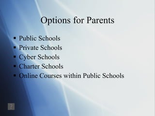 Options for Parents Public Schools Private Schools  Cyber Schools Charter Schools Online Courses within Public Schools 