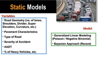 Static Models
Variables
• Road Geometry (no. of lanes,
Shoulders, Divider, Super
Elevation, Curvature, etc.)
                                                       Model
• Pavement Characteristics
                                 • Generalized Linear Modeling
• Type of Road
                                 (Poisson / Negative Binomial)
• Severity of Accident
                                 • Bayesian Approach (Recent)
• AADT
• % of Heavy Vehicles, etc.
 