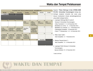 Kegiatan “Pekan Olahraga & Aksi (PORSI) BEM
FE 2012 Universitas Tarumanagara” terbagi atas
berbagai rangkaian kompetisi dan acara yang
disusun berdasarkan tempat penyelenggaraannya
yang adalah sebagai berikut :
1. Lapangan Olahraga Blok D Lantai 8
   Kampus II Universitas Tarumanagara:
  - Volley Tournament : 8 - 12, 22 November 2012
  - Basketball 3 on 3 (Pria) : 12 - 14 November 2012
  - Basketball 3 on 3 (Wanita) : 12 - 14 November 2012
  - Cheerleading Competition : 16 November 2012
              th
  - Futsal 11 Championship : 9, 13 - 22 November 2012


2. Ritter Cyber Café*)
   DotA Competition : 9 - 11 November 2012
                                                         6

3. Markas Tanjung Duren *)
   9ball Competition : 12 - 14 November 2012


4. Lapangan Parkir Kampus II Universitas
   Tarumanagara
  Sponsor Exhibition: 19 - 21 November 2012


*) dalam konfirmasi
 