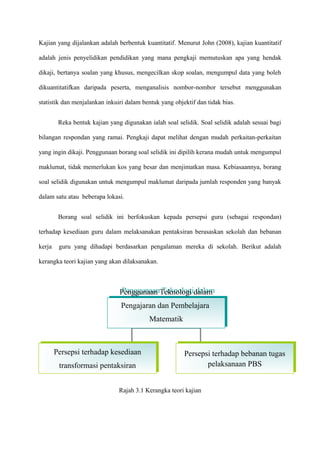 Kajian yang dijalankan adalah berbentuk kuantitatif. Menurut John (2008), kajian kuantitatif

adalah jenis penyelidikan pendidikan yang mana pengkaji memutuskan apa yang hendak

dikaji, bertanya soalan yang khusus, mengecilkan skop soalan, mengumpul data yang boleh

dikuantitatifkan daripada peserta, menganalisis nombor-nombor tersebut menggunakan

statistik dan menjalankan inkuiri dalam bentuk yang objektif dan tidak bias.


         Reka bentuk kajian yang digunakan ialah soal selidik. Soal selidik adalah sesuai bagi

bilangan respondan yang ramai. Pengkaji dapat melihat dengan mudah perkaitan-perkaitan

yang ingin dikaji. Penggunaan borang soal selidik ini dipilih kerana mudah untuk mengumpul

maklumat, tidak memerlukan kos yang besar dan menjimatkan masa. Kebiasaannya, borang

soal selidik digunakan untuk mengumpul maklumat daripada jumlah responden yang banyak

dalam satu atau beberapa lokasi.


         Borang soal selidik ini berfokuskan kepada persepsi guru (sebagai respondan)

terhadap kesediaan guru dalam melaksanakan pentaksiran berasaskan sekolah dan bebanan

kerja    guru yang dihadapi berdasarkan pengalaman mereka di sekolah. Berikut adalah

kerangka teori kajian yang akan dilaksanakan.



                                Penggunaan Teknologi dalam
                                Penggunaan Teknologi dalam
                                Pengajaran dan Pembelajara
                                Pengajaran dan Pembelajara
                                           Matematik
                                           Matematik



        Persepsi terhadap kesediaan
        Persepsi terhadap kesediaan                      Persepsi terhadap bebanan tugas
                                                         Persepsi terhadap bebanan tugas
          transformasi pentaksiran
         transformasi pentaksiran                                pelaksanaan PBS
                                                                pelaksanaan PBS


                                Rajah 3.1 Kerangka teori kajian
 
