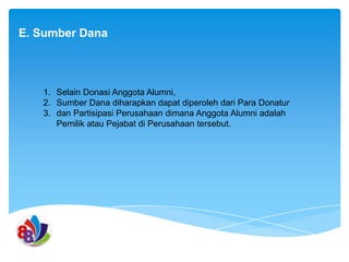 E. Sumber Dana

1. Selain Donasi Anggota Alumni,
2. Sumber Dana diharapkan dapat diperoleh dari Para Donatur
3. dan Partisipasi Perusahaan dimana Anggota Alumni adalah
Pemilik atau Pejabat di Perusahaan tersebut.

 