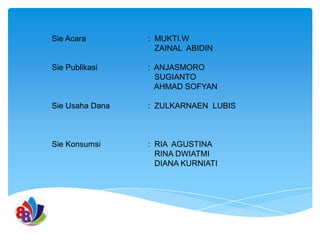 Sie Acara

: MUKTI.W
ZAINAL ABIDIN

Sie Publikasi

: ANJASMORO
SUGIANTO
AHMAD SOFYAN

Sie Usaha Dana

: ZULKARNAEN LUBIS

Sie Konsumsi

: RIA AGUSTINA
RINA DWIATMI
DIANA KURNIATI

 