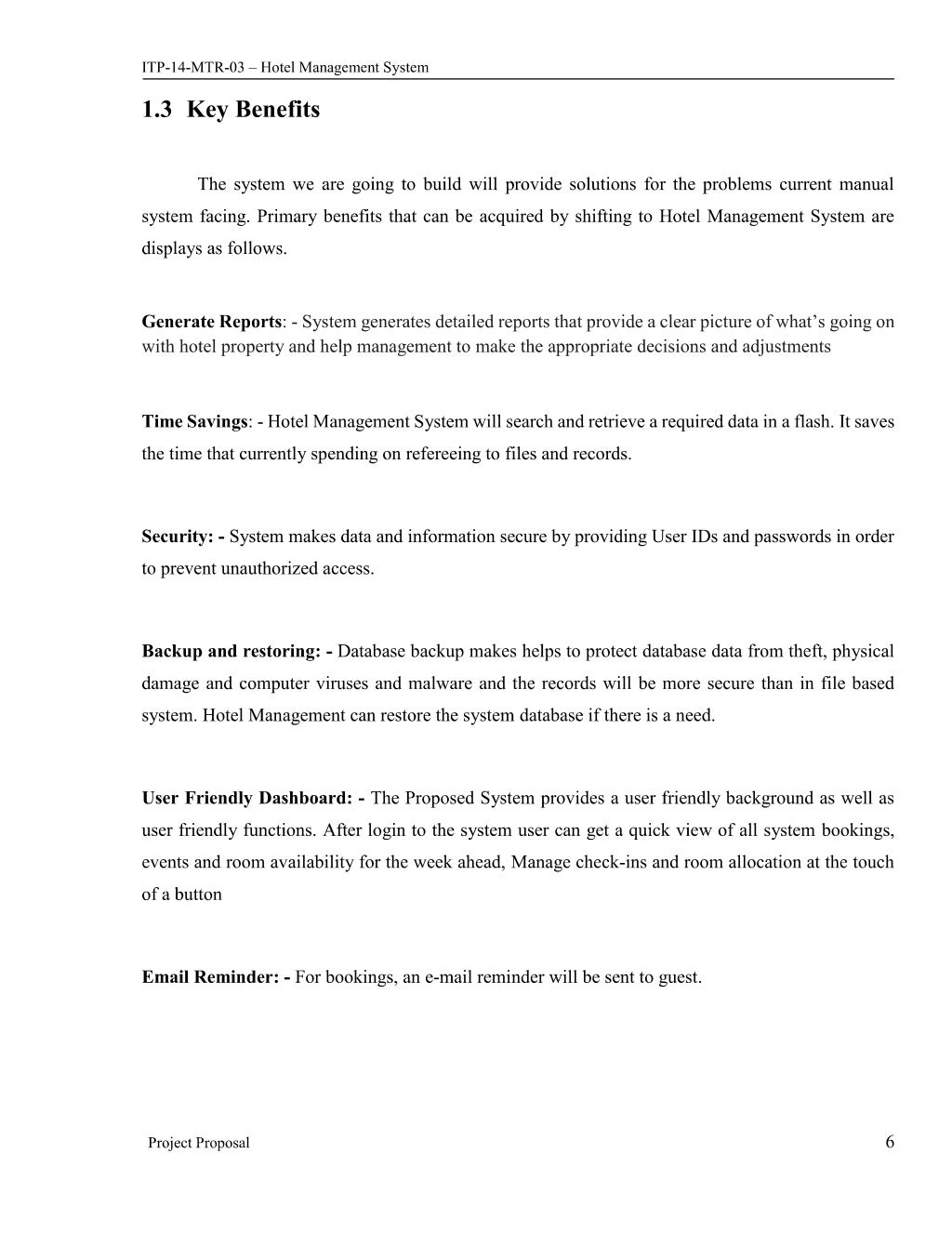 Project Proposal document for Hotel Management System