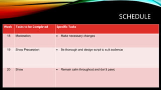 SCHEDULE
Week Tasks to be Completed Specific Tasks
18 Moderation  Make necessary changes
19 Show Preparation  Be thorough and design script to suit audience
20 Show  Remain calm throughout and don’t panic
 