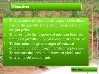 Objectives.


1. To determine the economic impact of fertilizer
   use on the growth and yield of maize crop on
   output price.
2. To investigate the response of nitrogen fertilizer
   timing on growth and yield components of maize
3. To determine the gross margin of maize at
   different timing of nitrogen fertilizer application.
4. To measure the correlation between yields and
   different yield components.

                                              Objectives.
 