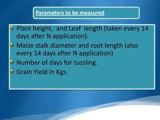 Parameters to be measured

Plant height, and Leaf length (taken every 14
days after N application).
Maize stalk diameter and root length (also
every 14 days after N application)
Number of days for tussling.
Grain Yield in Kgs.
 