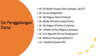 Sie Penggalangan
Dana:
• dr. Ni Made Puspa Dewi Astawa, Sp.OT
• dr. Surya Abigamika
• dr. Ida Bagus Deny Prayudi
• dr. Made Winatra Satya Putra
• dr. Ida Bagus Krishna Caitanya
• dr. I Made Artha Wiguna Sanjaya
• dr. A.A Ngurah Krisna Dwipayana
• dr. Mikhail Kertajanottama K
• dr. I Kadek Riyandi PM
 