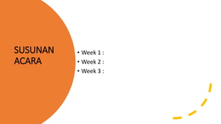 SUSUNAN
ACARA
• Week 1 :
• Week 2 :
• Week 3 :
 