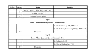 Waktu Durasi Topik Pemateri
Doctor's Safety - Patient Safety (Title : TBA)
Ethics (Title: TBA)
5' Pembacaan Aturan Webinar
dr. I Made Artana, Sp.OT., M.Biomed
dr. I Made Buddy Setiawan, Sp.OT (K)., M.Biomed
20' Discussion
dr. Ferdiansis, Sp.OT
dr. I Wayan Murjana, Sp.OT (K)
15' Discussion
Sport : " Run, Cycle, and Gym in Orthopaedic View"
12'
Topic 1
Spine : "Most Common Degenerative Problem in Spine"
Topic 2
 