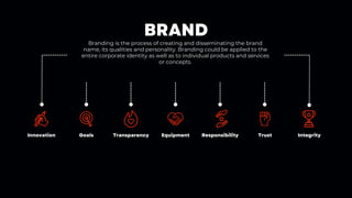 BRAND
Branding is the process of creating and disseminating the brand
name, its qualities and personality. Branding could be applied to the
entire corporate identity as well as to individual products and services
or concepts.
Innovation Goals Equipment Integrity
Responsibility
Transparency Trust
 