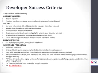 Developer Success Criteria
*Check domain name availability
CODING STANDARDS
1. No code repetition
2. Functions and classes are always commented showing expected input and output
SECURITY
1. Site is not vulnerable to XSS or SQL injection (all inputs are filtered and escaped)
2. No logic errors displayed on publicly accessible pages
3. All passwords are stored in hashed form
4. Database connection details are in config.php file which is saved above the web root
5. All administration pages must only be accessible by authorised visitors
6. Secure data and login indicators are stored in sessions rather than cookies
BROWSER TESTING
1. Site displays properly on IE8, Firefox, Safari and Chrome
SERVER SIDE PRODUCTION
1. Database is normalised
2. Single and double quotes are properly handled (not truncated and no slashes appear)
3. Form fields are sticky, validated and clear and appropriate application feedback to users is displayed.
4. PHP codes written in OOP style, Uses IDE only for text editing and script execution and not for debugging (codes should be
debugged manually)
5. PHP Uses string rather than regexp functions when applicable (eg. str_replace instead of preg_replace, explode rather than
split or preg_split, etc)
6. PHP Function calls inside loops are avoided as much as possible
7. SQL NO use of SELECT*
 