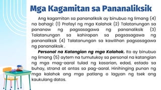 Mga Kagamitan sa Pananaliksik
Ang kagamitan sa pananaliksik ay binubuo ng limang (4)
na bahagi: (1) Profayl ng mga Kalahok (2) Talatanungan sa
pananaw ng pagsasagawa ng pananaliksik (3)
Talatanungan sa kahirapan sa pagsasagawa ng
pananaliksik (4) Talatanungan sa kawilihan pagsasagawa
ng pananaliksik .
Personal na Katangian ng mga Kalahok. Ito ay binubuo
ng limang (5) aytem na tumutukoy sa personal na katangian
ng mga mag-aaral tulad ng kasarian, edad, estado sa
buhay, strand at antas sa pag-aaral. Hinihinging punan ng
mga kalahok ang mga patlang o lagyan ng tsek ang
kaukulang datos.
 
