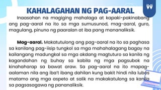 Inaasahan na magiging mahalaga at kapaki-pakinabang
ang pag-aaral na ito sa mga sumusunod, mag-aaral, guro,
magulang, pinuno ng paaralan at iba pang mananaliksik.
Mag-aaral. Makatutulong ang pag-aaral na ito sa paghasa
sa kanilang pag-iisip tungkol sa mga mahahalagang bagay na
kailangang madungkal sa mga akdang magtuturo sa kanila ng
kagandahan ng buhay sa kabila ng mga pagsubok na
kinahaharap sa bawat araw. Sa pag-aaral na ito mapag-
aalaman nila ang iba’t ibang dahilan kung bakit hindi nila lubos
matamo ang mga aspeto at salik na makakatulong sa kanila
sa pagsasagawa ng pananaliksik.
KAHALAGAHAN NG PAG-AARAL
 