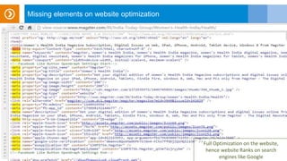 Missing elements on website optimization
No Optimization on the website, hence
website fails on search engines like
Google
Full Optimization on the website,
hence website Ranks on search
engines like Google
 