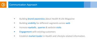 Communication Approach
 Building brand awareness about Health N Life Magazine
 Building visibility for different segments across web
 Increase eyeballs , queries & website visits
 Engagement with existing customers
 Establish market leader in Health and Lifestyle related information.
 
