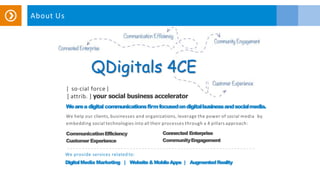About Us
Wearea digital communicationsfirmfocusedondigitalbusinessandsocialmedia.
We help our clients, businesses and organizations, leverage the power of social media by
embedding social technologies into all their processes through a 4 pillars approach:
CommunicationEfficiency
Customer Experience
Connected Enterprise
CommunityEngagement
We provide services related to:
DigitalMedia Marketing | Website&MobileApps | AugmentedReality
| so·cial force |
[ attrib. ] your social business accelerator
QDigitals 4CE
 