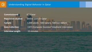 Commissioned: ICT Qatar
Population studied: Online users in Qatar
Sample: 1,000 adults. 500 Qataris. 500 non-Qataris
Data Collection: CATI (Computer Assisted Telephonic Interviews)
Interview Length: 15 minutes
Understanding Digital Behavior in Qatar
 