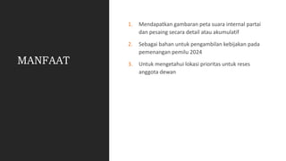 MANFAAT
1. Mendapatkan gambaran peta suara internal partai
dan pesaing secara detail atau akumulatif
2. Sebagai bahan untu...