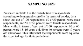 SAMPLING SIZE
Presented in Table 1 is the distribution of respondents
according to demographic profile. In terms of gender, data
show that out of 100 respondents, 50 or 50 percent were male
respondents, and 50 or 50 percent were female respondents.
Meanwhile, in terms of age, out of 100 respondents, 60 or 60
percent were 15–16 years old, 40 or 40 percent were 17 years
old and above. This infers that the respondents were equal to
the expected age for their grade level.
 