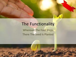 The Functionality
Wherever The Foot Steps
There The Seed Is Planted
19
 
