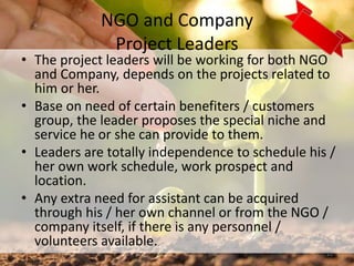 NGO and Company
Project Leaders
• The project leaders will be working for both NGO
and Company, depends on the projects related to
him or her.
• Base on need of certain benefiters / customers
group, the leader proposes the special niche and
service he or she can provide to them.
• Leaders are totally independence to schedule his /
her own work schedule, work prospect and
location.
• Any extra need for assistant can be acquired
through his / her own channel or from the NGO /
company itself, if there is any personnel /
volunteers available.
22
 