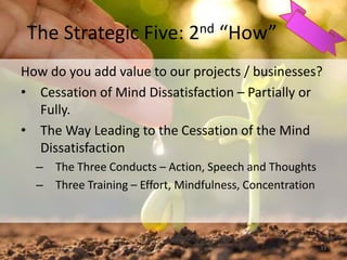 The Strategic Five: 2nd “How”
How do you add value to our projects / businesses?
• Cessation of Mind Dissatisfaction – Partially or
Fully.
• The Way Leading to the Cessation of the Mind
Dissatisfaction
– The Three Conducts – Action, Speech and Thoughts
– Three Training – Effort, Mindfulness, Concentration
33
 
