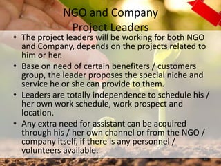 NGO and Company
Project Leaders
• The project leaders will be working for both NGO
and Company, depends on the projects related to
him or her.
• Base on need of certain benefiters / customers
group, the leader proposes the special niche and
service he or she can provide to them.
• Leaders are totally independence to schedule his /
her own work schedule, work prospect and
location.
• Any extra need for assistant can be acquired
through his / her own channel or from the NGO /
company itself, if there is any personnel /
volunteers available.
22
 