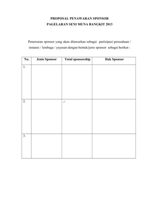 PROPOSAL PENAWARAN SPONSOR
PAGELARAN SENI MUNA BANGKIT 2013
Penawaran sponsor yang akan ditawarkan sebagai partisipasi perusahaan /
instansi / lembaga / yayasan dengan bentuk/jenis sponsor sebagai berikut :
No. Jenis Sponsor Total sponsorship Hak Sponsor
1.
2. ,-
3.
 