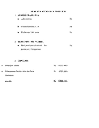 ■ Persiapan panitia Rp 15.000.000,-
■ Pelaksanaan Panitia, Artis dan Para
Undangan
Rp 4.500.000,-
Jumlah Rp 19.500.000,-
RENCANA ANGGARAN PRODUKSI
1. KESEKRETARIATAN
■ Administrasi Rp
■ Surat Menyurat/ATK Rp
■ Undangan 200 buah Rp
Jumlah Rp
2. TRANSPORTASI PANITIA
■ Dari persiapan ditambah 1 hari
pasca penyelenggaraan
Rp
Jumlah Rp
3. KONSUMS
 