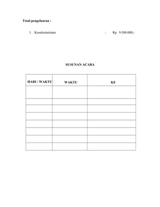 Total pengeluaran :
1. Kesekretariatan : Rp. 9.500.000,-
2. Transportasi Panitia : Rp. 2.000.000,-
3. Konsumsi : Rp.19.500.000,-
SUSUNAN ACARA
HARI / WAKTU WAKTU KE
GIA
Persiapan - persiapan
 