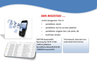 SMS REGISTASI ....
contoh penggunaan fitur ini
• pendaftaran alumni
• pendaftaran ikut try out atau pelatihan
• pendaftaran anggota baru (utk partai, dll)
• konfirmasi donatur
DAFTAR Aswandi#Jl.
Banteng No 78 RT 4 RW
14#Kranji#Bekasi
Barat#Kota Bekasi#L#18-06-
1980#Wiraswasta#S1
Terimakasih, data dari sms
anda telah kami terima
 
